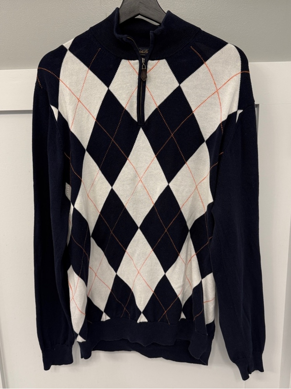 Brooks Brothers Navy, White & Orange Argyle Quarter-Zip Sweater